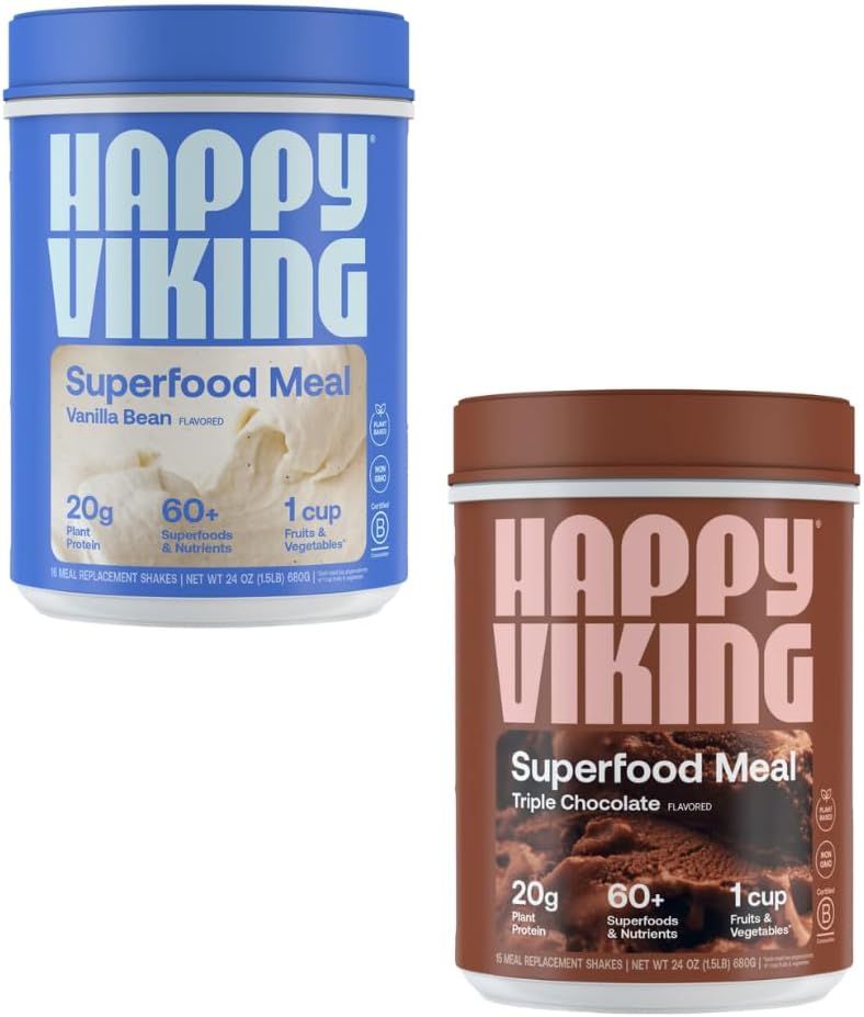 Happy Viking Vanilla and Chocolate Protein Powder, by Venus Williams, 20G Protein, Low Carb, Keto, Vegan, Gluten-Free, Superfoods, Complete Meal Replacement, 2 Canisters (24 oz. Jede