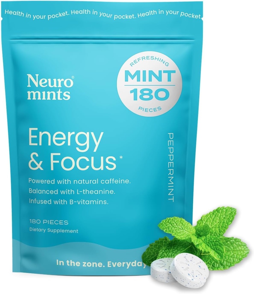 NeuroGum Energy Caffeine Mints (180 Pieces) - L-theanine + Natural Caffeine + Vitamin B12 & B6 - Nootropik Enerji & Qadınlar üçün kompüter - Keto & Vegan, Peppermint Flavor