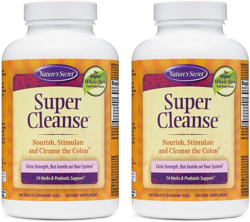 Nature's Secret Super Cleanse Extra Strength Toxin Detox & Gentle Elimination Body Cleanse, Ruoansulatus- & Colon Health Support - stimuloiva sekoitus 14 yrttiä Probiootteja - 200 tablettia (pakkaus 2)