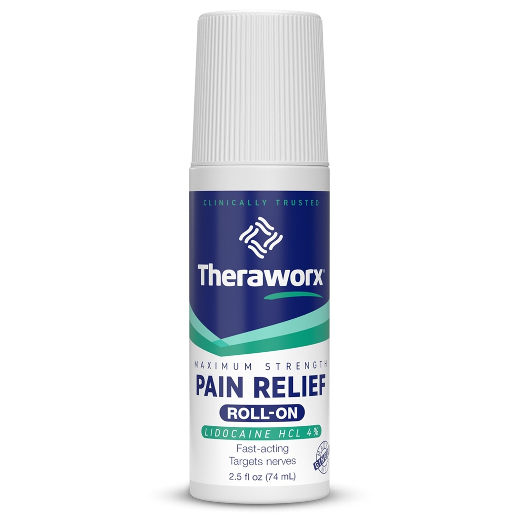 Theraworx Maximum Strength Pain Relief Lidocaine Roll-On - 2.5oz - 1 Count | Maximum Strength Pain Relief, Made with 4% Lidocaine for Targeted, long-lasting relief. Paraben-free, no mess or strong odor.