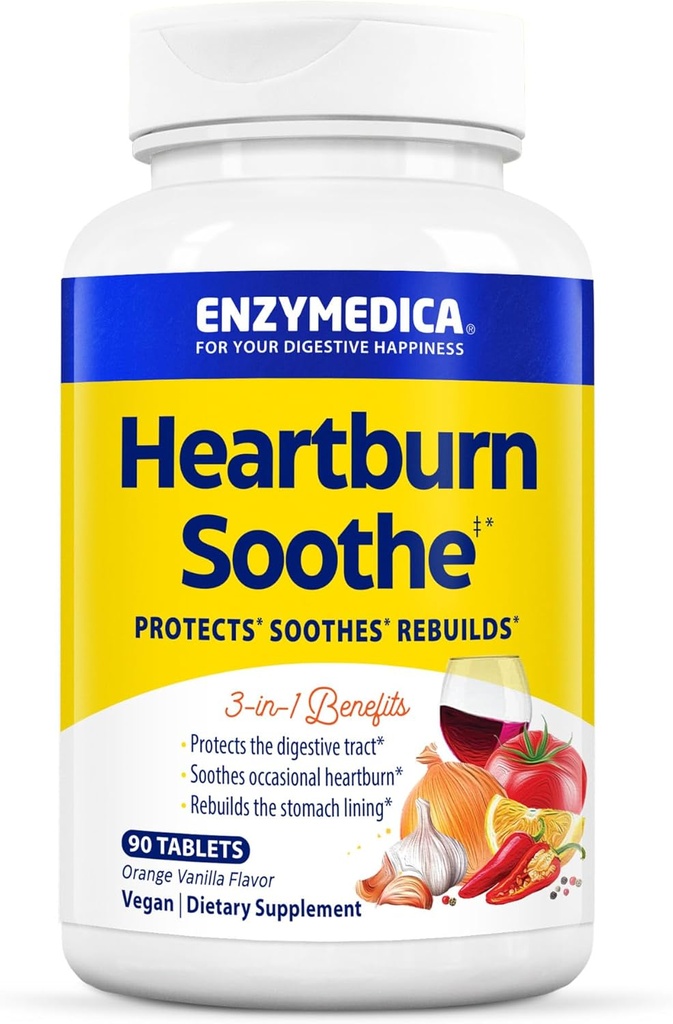 Enzymedica, Heartburn Soothe, Fast-Acting Digestive Aid, Vanilla Orange, 90 Chews (45 zerbitzu)
