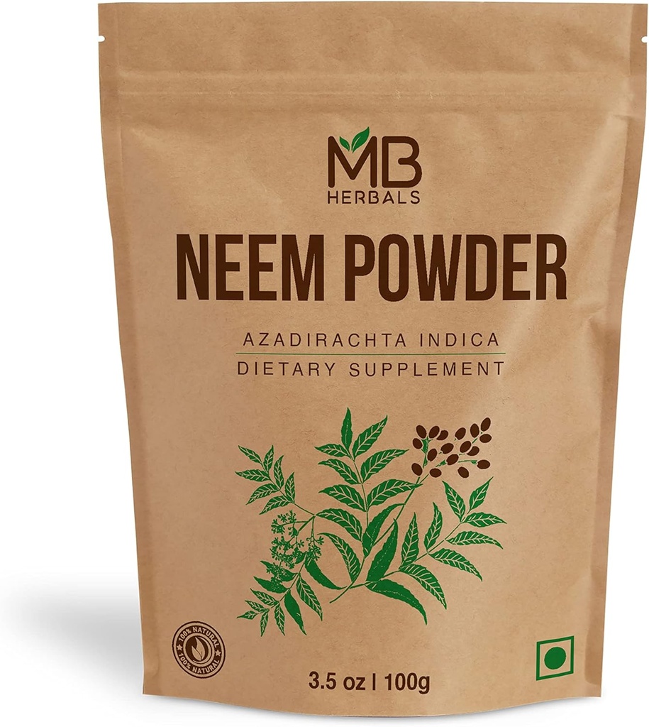 Polvere di foglie di neem puro degli erbe di MB 100 Gram / 3.5 oz | Azadirachta Indica | La pelle e la cura dei capelli di supplemento di neem di bistecca e di neem