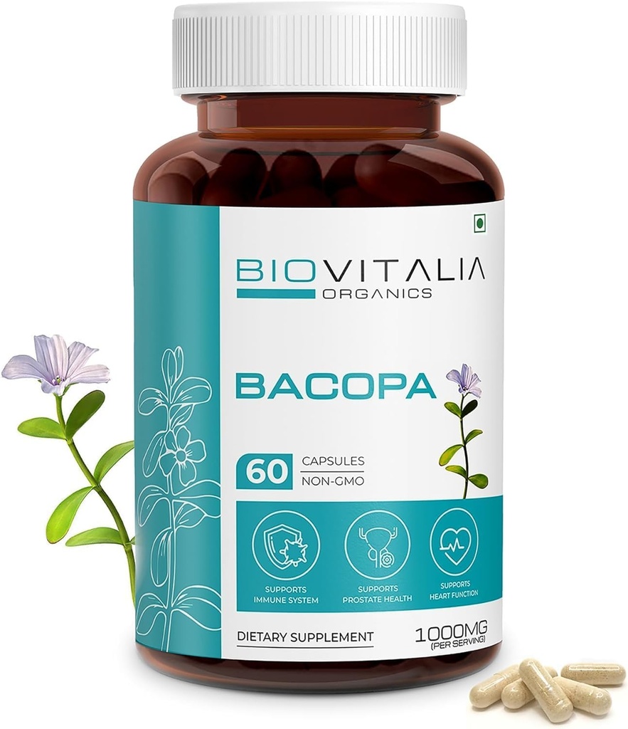 Biovitalia Natural Bacopa Supplement Capsules Supports Brain Function 1000mg - 60 Capsule