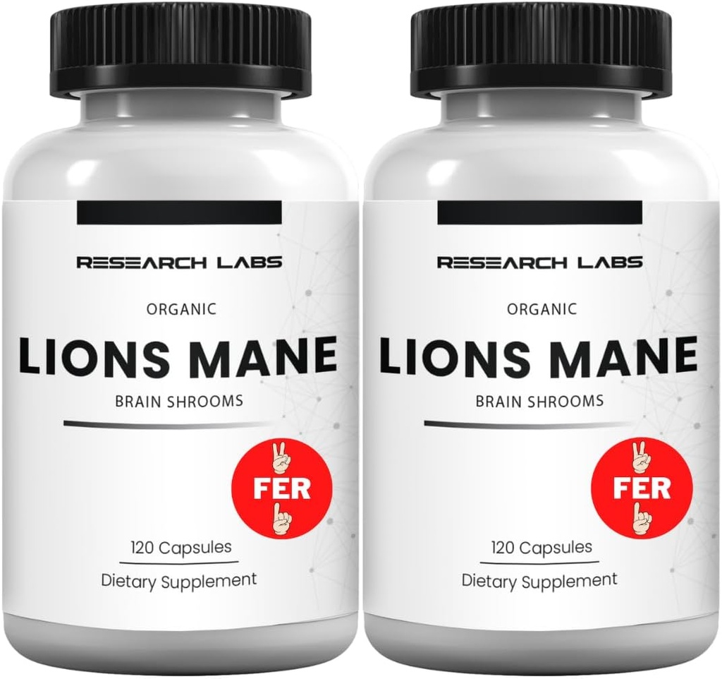Research Labs Organic Lions Mane Supplement Capsules, 2 Fer 1 Ad - 240 Capsules w/Patent Litropane™ Immune System Booster Nootropic Brain Support Mushroom Supplement. 10X Extract comparable 18000mg