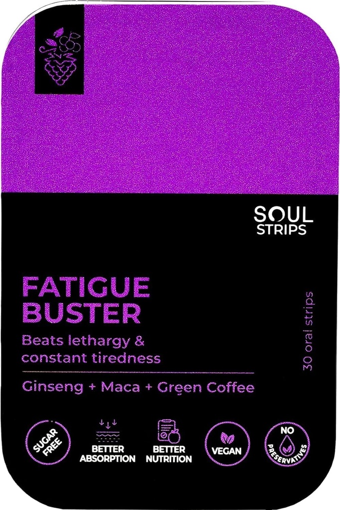 Soul Strips Fatigue Buster Ginseng, Maca, Green Coffee, Reduces Mental & Physical Fatigue, Mixed Berries Flavor, Quick Absorb, Daily Use, Zero Sugar, Vegan, 30 Strips Pack