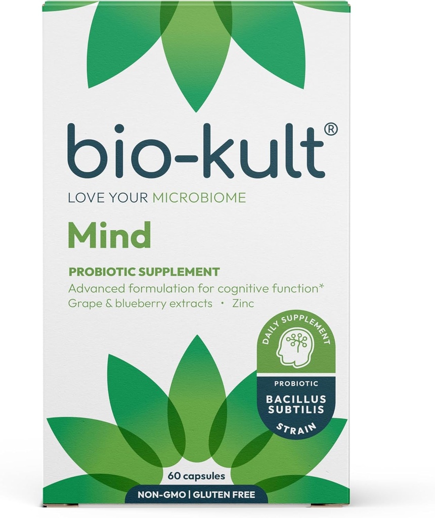Bio- Kult Mind Mear 124; Bacillus + Zink, Grape & Blueberry Extractors 124; Brain & Gut Support • 124; Kognitiv funktion • 124; 60 Kapsler
