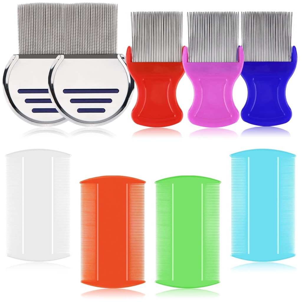 LABOTA 9 Pcs Lice Combs, Flea Combs, Pente de cabelo duplo lado Fine Tooth Combs, Remoção Dandruff Comb com dentes de metal, Louse de aço inoxidável e Nit Comb para tratamento de piolhos cabeça