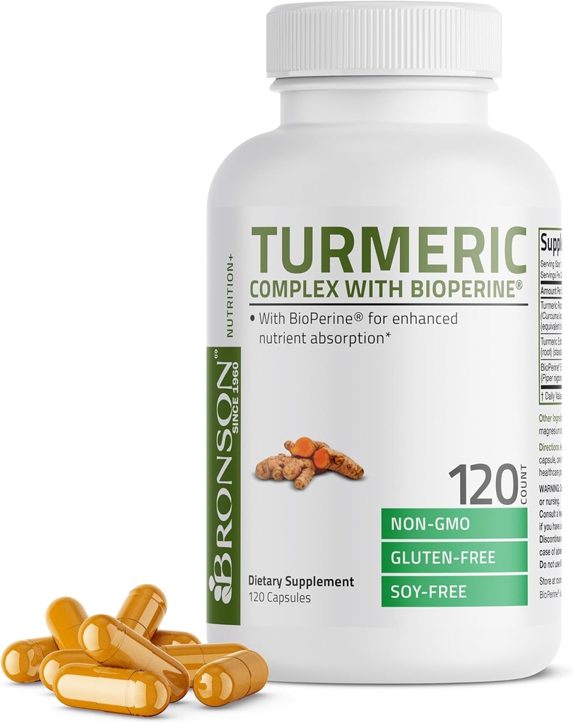 Bronson Turmeric Curcumin BioPerine - High Potency Premium Joint Support with 95% Standard Curcuminoids - Non-GMO Capsules with Black Pepper - 120 Count