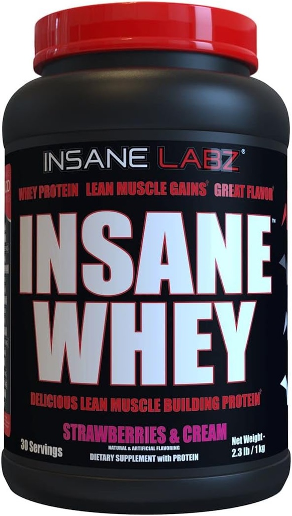 Insane Labz Insane Whey,100% Muscle Building Whey Protein, BCAA Amino Profil, Mass Gainer, Måltid Erstatning (stråbær og krem, 30 serveringer)