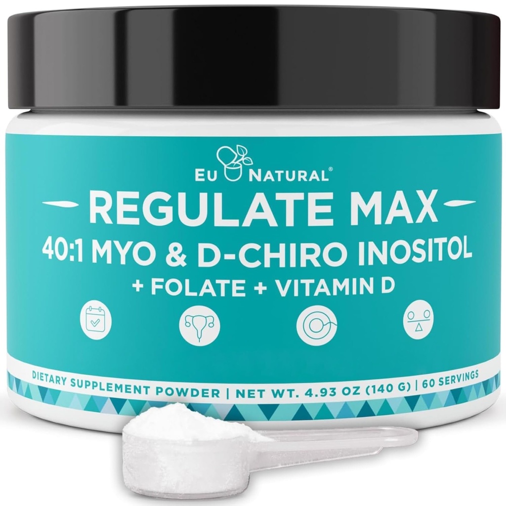 Regulate MAX Myo-Inositol & D-Chiro Inositol Supplement Powder for Women with Vitamin D & Folate Nutritional Support, Unflavored 60 Servings
