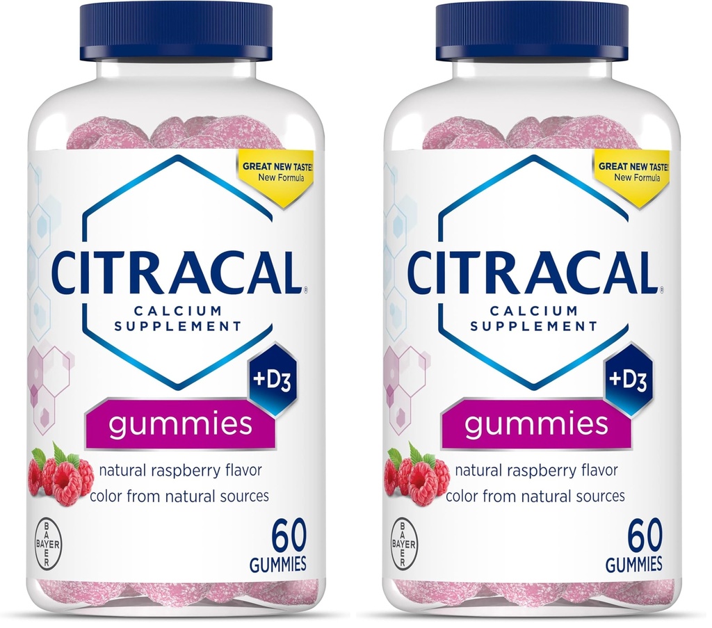 CITRACAL Calcium Gummies, Calcium Supplement with Vitamin D3, Support Bone Health, for Ages 12+, Natural Raspberry Flavor, 60 Count (Pack of 2)