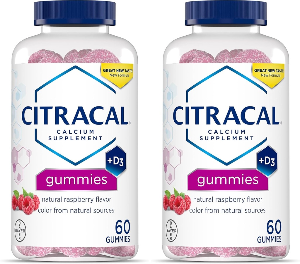 CITRACAL Calcium Supplement Gummies, Chewable Calcium med vitamin D3, stöder benhälsa, kalcium Chews för ålder 12 +, naturlig hallon smak, 60 greve ( 2)