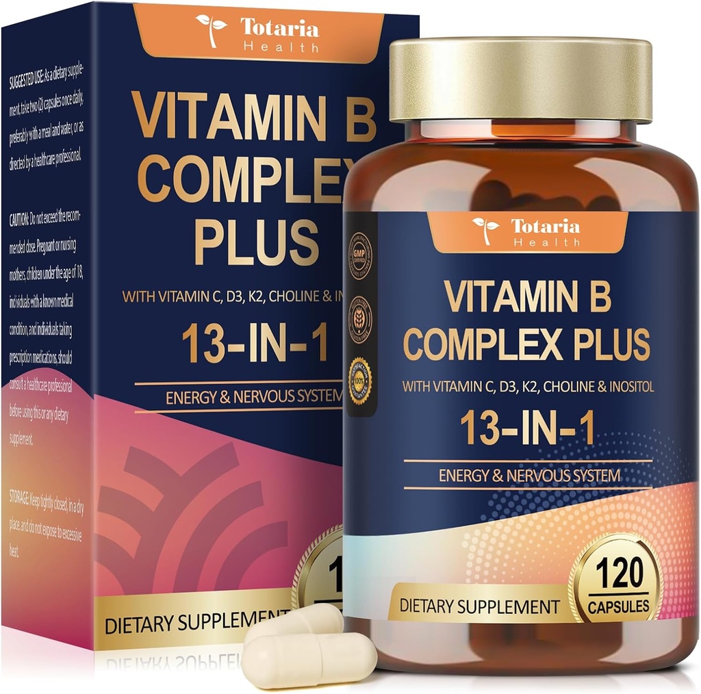 13- in-1 Witamina B Complex Plus z witaminą B1, B2, B3 (Niacynamid), B4, B5, B6, B7 (Biotin), B8 (Inositol), B9 (Folate), B12, C, D3, K2 - Energia, Nerve, Immune, Wsparcie skóry - 120 Kapsułki Vegan