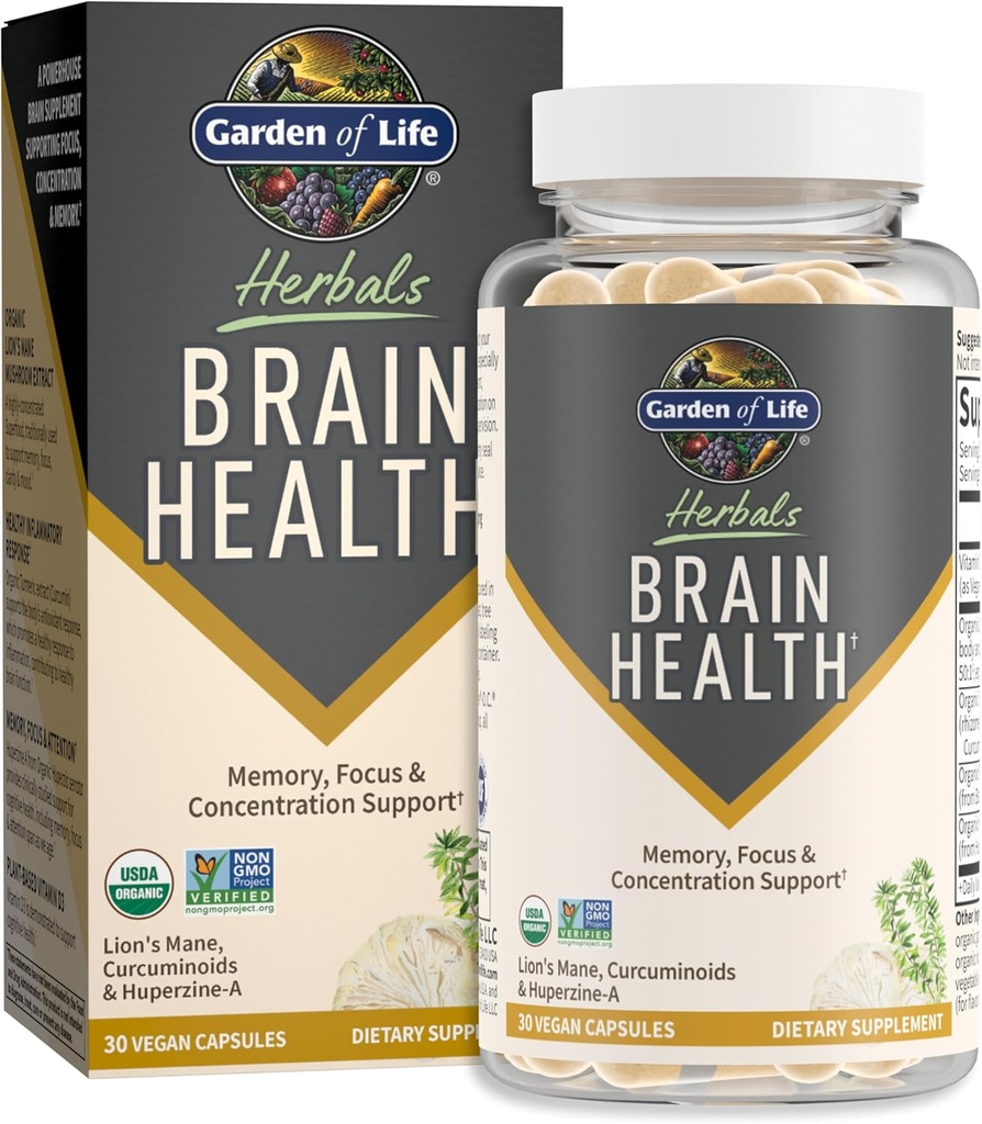 Garden of Life Brain Health Supplement mit Bio Lion's Mane & Turmeric, Non-GMO, Gluten-Free, Mint Flavor - für Memory, Focus & Healthy Brain Funktion