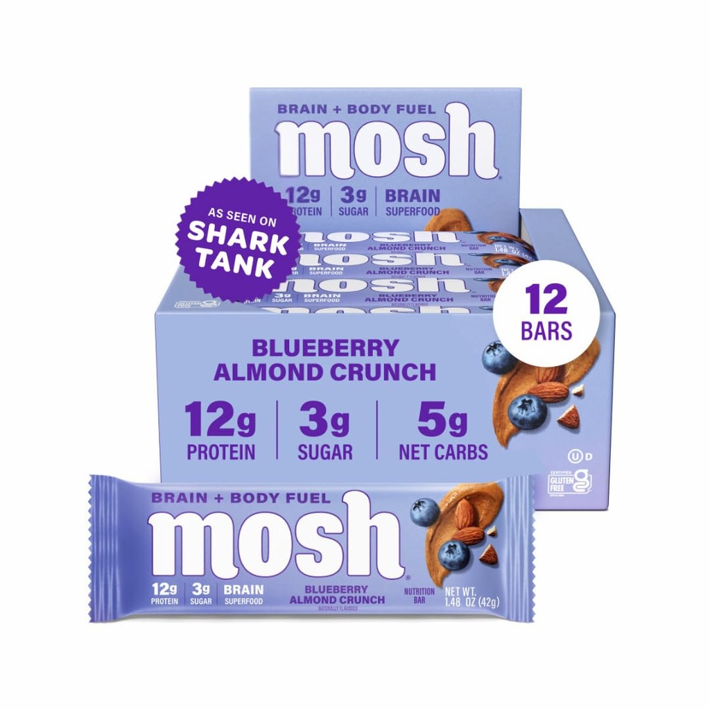 MOSH Blueberry Almond Crunch Keto Protein Bars, High Fiber, Low Carb, Gluten Free, High Protein, Brain Healthy Snack, 12 Počet