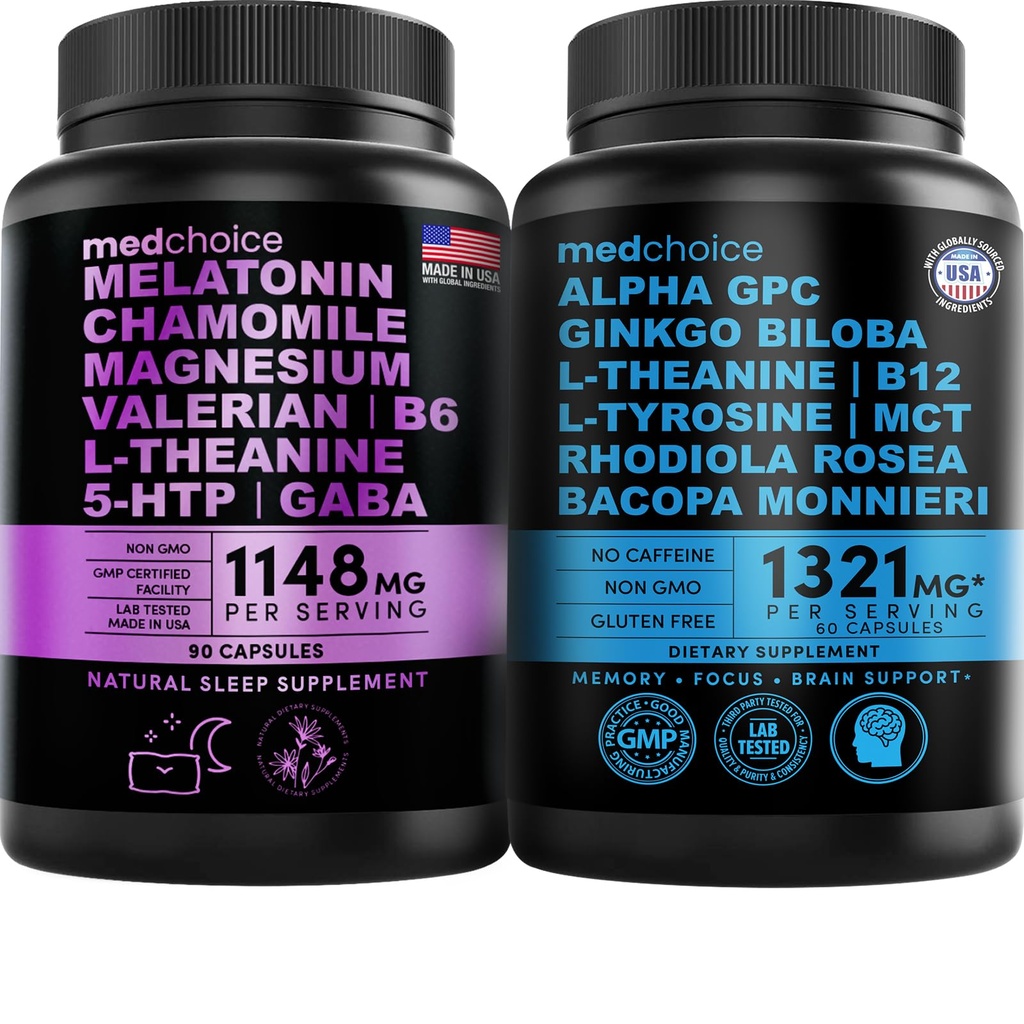 MEDCHOICE Sleep Melatonin (90ct) and Nootropic Brain (60ct) Supplement Bundle - Wellness Duo for Sleep, Brain, Focus, & Mood Support - Vegan, Non-GMO, Gluten-Free