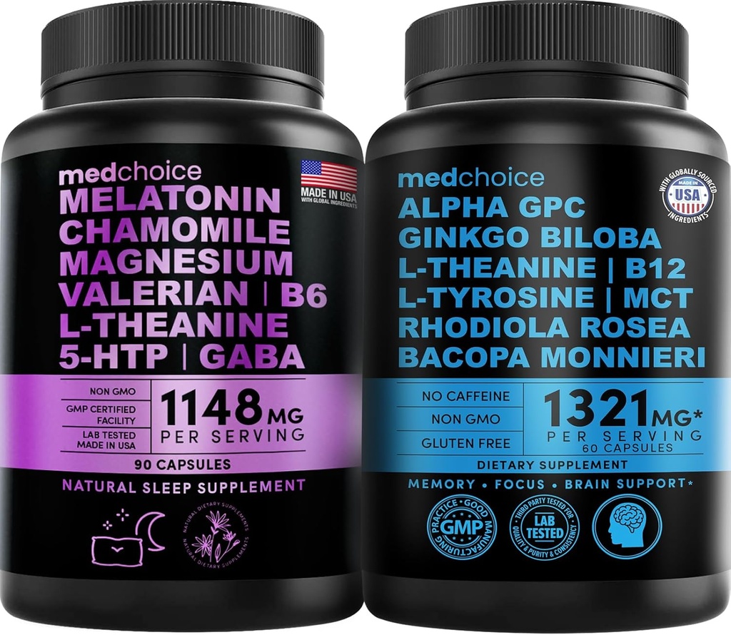 MEDCHOICE Sleep Melonatin (90ct) and Nootropic Brain (60ct) Suplement Bundle - Wellness Duo for Sleep, Brain, Focus, & Mood Support - Vegan, Non-GMO, Gluten- Free