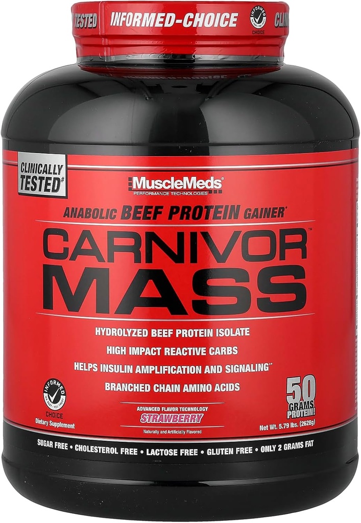 MuscleMeds Carnivor Mass Anabolic Beef Protein Gainer, Клубника, 6 фунтов