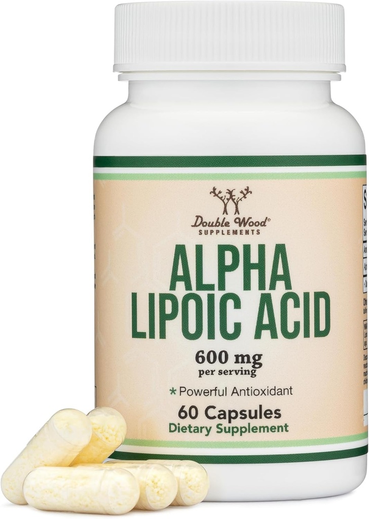 Alfa Azido lipoikoa 600mg zerbitzatu bakoitzeko, 60 kapsula (Hirugarren Alderdia probatua, GMO, Gluten Free, Vegan Safe) Potent Antioxidatzailea Neuropatia eta Kardiobaskular Osasunerako (ALA osagarria) egur bikoitzaren bidez