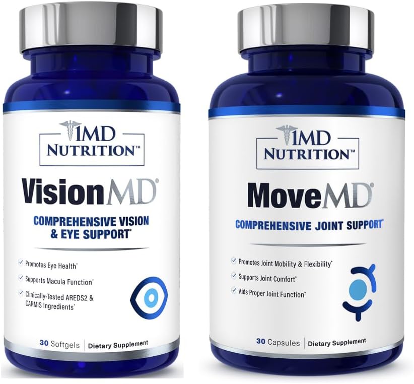 1MD Nutrición MoveMD & VisionMD Soporte conxunto e coidados oculares - coláxeno, ácido hialurónico, astaxantina, OptiLut Lutein, Zeaxanthin