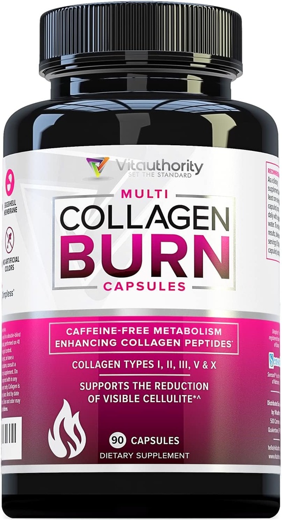 Multi Collagen Burn: Multi- Type hydrolyzed proteino Peptides su hialurono rūgšties, Vitaminas C, SOD B Dimbers, Tipai I, II, III, V ir X, Caffee-Free (Unflavored Capsules)