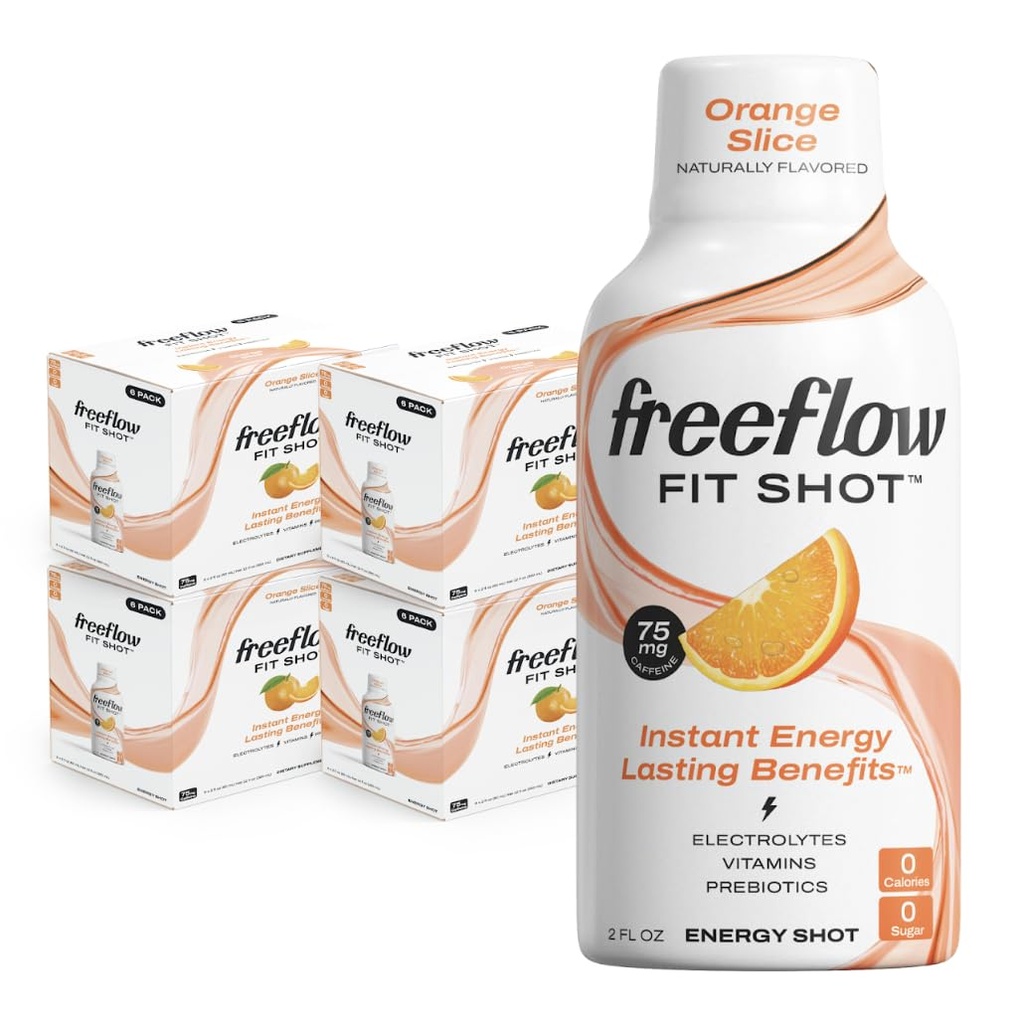 Freeflow Fit Energy Shots, Orange Slice, Natural Cafeine Boost met L-theanine, Ginseng, Vitaminen, Prebiotica, Elektrolyten (24 Telling, 2oz Shots)