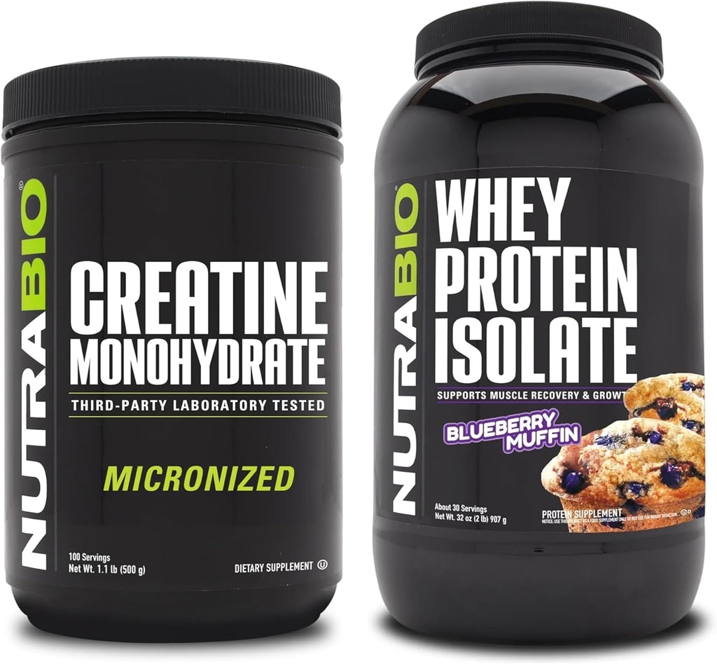 NutraBio Creatine Monohydrate, Unflavored, 500g and Whey Protein Isolate, Blueberry Muffin, supplement Bundle - Muscle Energy, Lean Muscle Growth, Recovery, and Strength