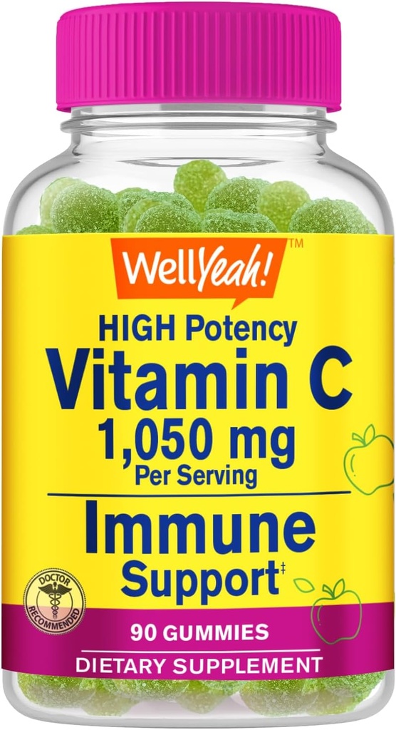 WellYeah Vitamin C 1050 mg Gummies - Natural Sourced Flavors - Immune Support Dietary Supplement, Antioxidant Support - Extra Strength Vegetarian Gummy, Non-GMO, Gluten Free - 30 Servings