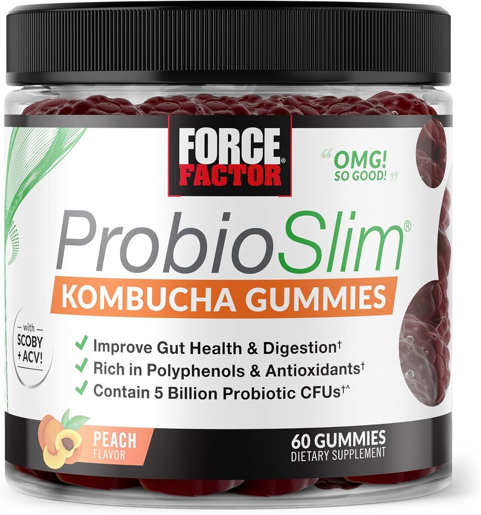 Fator de Força ProbioSlim Kombucha Gummies para Saúde Digestiva, Probióticos para Mulheres e Probióticos para Homens Feita com 5 bilhões de UFC, Kombucha SCOBY Gummies Probiótico, Peach, 60 chicletes