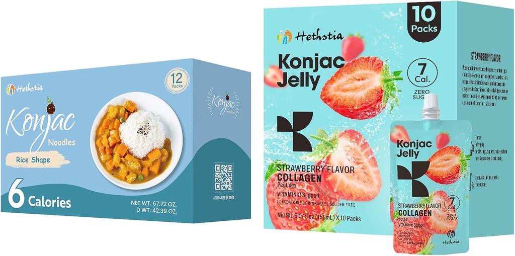 Hethstia Konjac Jelkry Flavor amb Cracken Peptides 10 paquets i Konjac Rice Guten Free 12 palets, Calorie, Sugar Free Healthy
