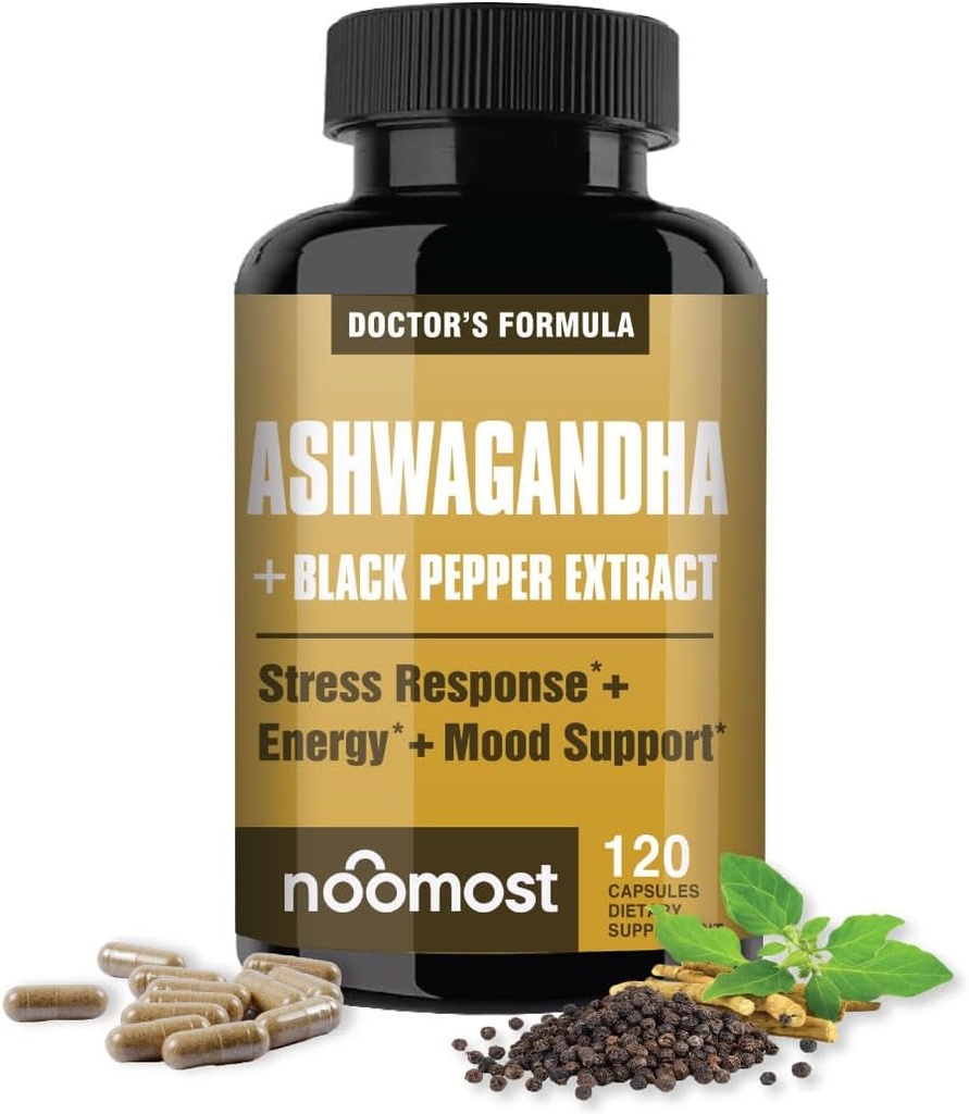 NooMost Ashwagandha 1200mg dodatek 124; 10% Witanolides s černým pepřem extrakt 124; čistý kořenový extrakt pro stres úlevy, Promotes Energy, Mood, Helathy spánek pro muže a ženy 124; 120 Kapsle