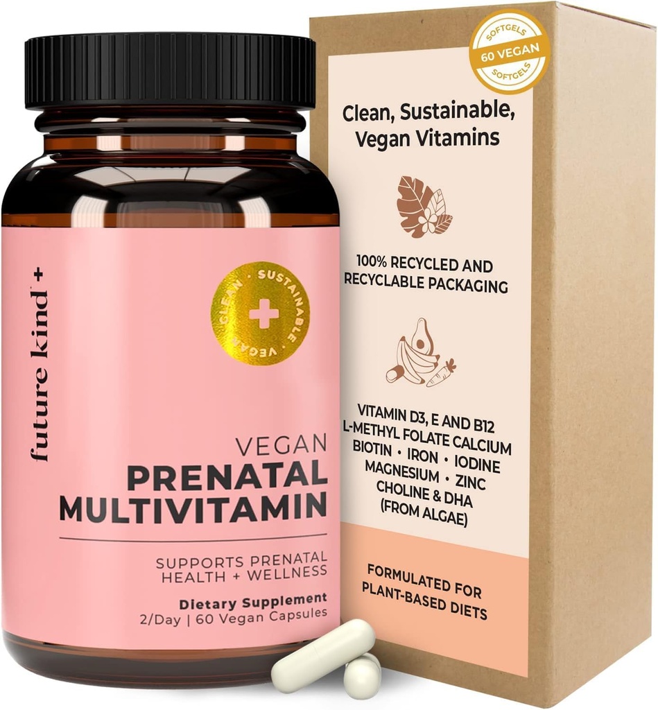 Future Kind Vegan Prenatale Vitamine met DHA & L-methylfolaat in glazen fles - Prenatale folaatsupplement voor vrouwen met vitamine D & E, ijzer & Biotine - Glutenvrije, niet-GMO (60ct)