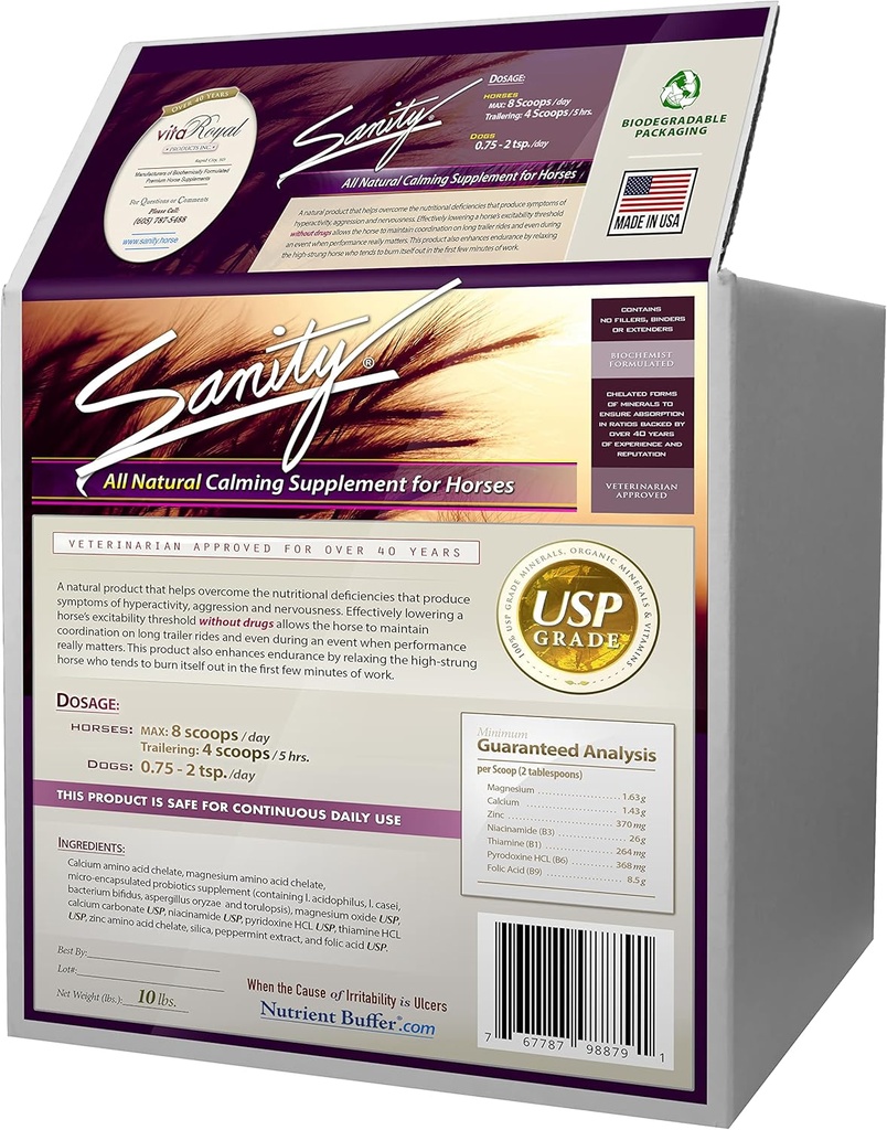 Sanity - Equine Behavioral Calming Focus Supplement voor paarden - Magnesium, Calcium, Zink, B Vitaminen, Aminozuren, Probiotica, Thiamine, Foliumzuur, Niacin, Pepermunt & Meer