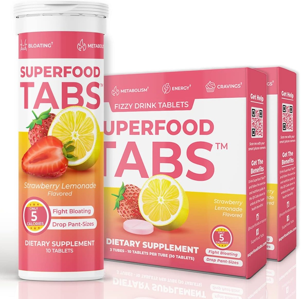 Superfood Tabs Superfoods Company Detox Cleanse Drink - Supplement for Women & Men - Support Healthy Weight, Digestive Health, Cravings & Bloating Relief - Strawberry Lemonade Flavor [60 Tablets]