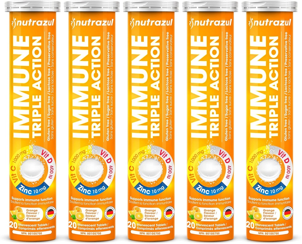 Nutrazul Immune Triple Action Effervestic Tablets - Vitaminas C 1000 mg, Vitaminas D 400 TV, Cinko 10mg I Orange (pakuotė 5X20)