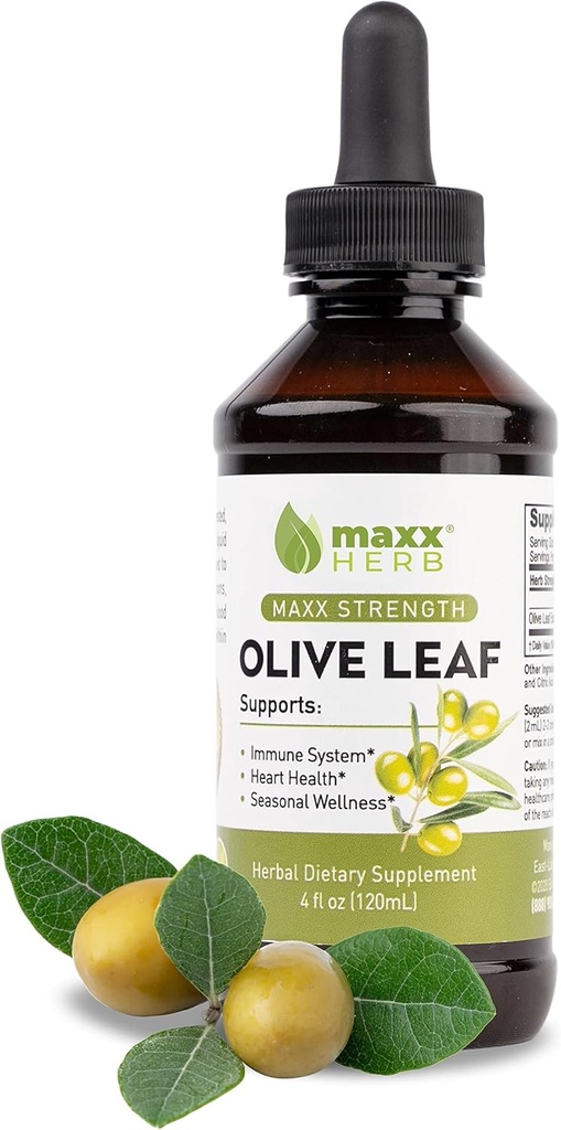 Maxx Herb Olive Leaf Extract - Max Strength Oleuropein Liquid Absorbs Better Than Capsules or Tea, for Immune Support, Heart Health, and Seasonal Wellness - 4 Oz Bottle (60 Servings)