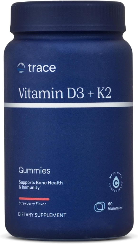 Trace Minerals | Vitamin D3 + K2 Gummies | 5000 IU D3 + 50mg K2 | Vegan, Sukkerfri, Glutenfri, Naturlig Jordbær Flavor | 60 Serveringer