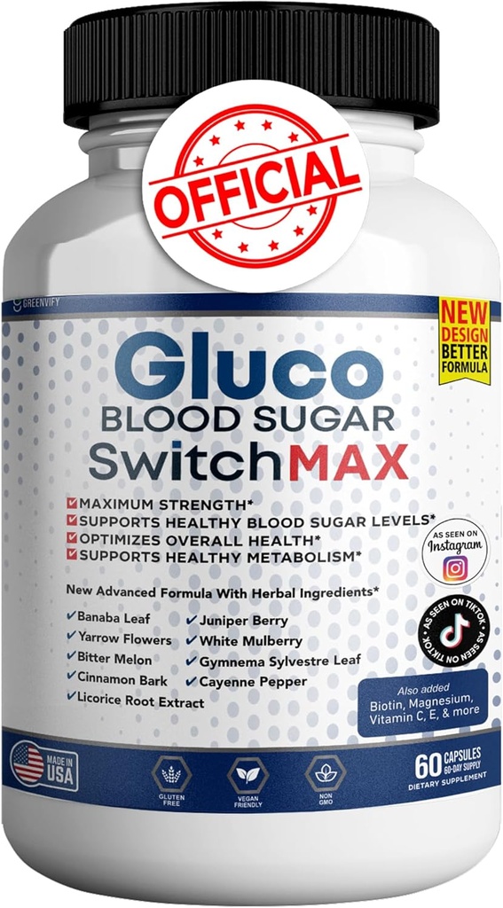 Gluco Blood Sugar Switch Max All Natural Formula to Keep Heally Levels, Maximum Power Daily Formula Blood Review (1 Pack - 60 Kapsul)