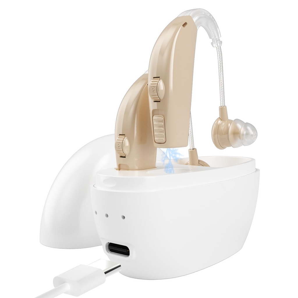 Adinekoentzako entzumen-laguntzak Anplifikatzaileak Noise Cancelling-Hearing Aid Loss Amplifier Seniors,Adults Charging Case&Volume Control(1 pare), Beige C1