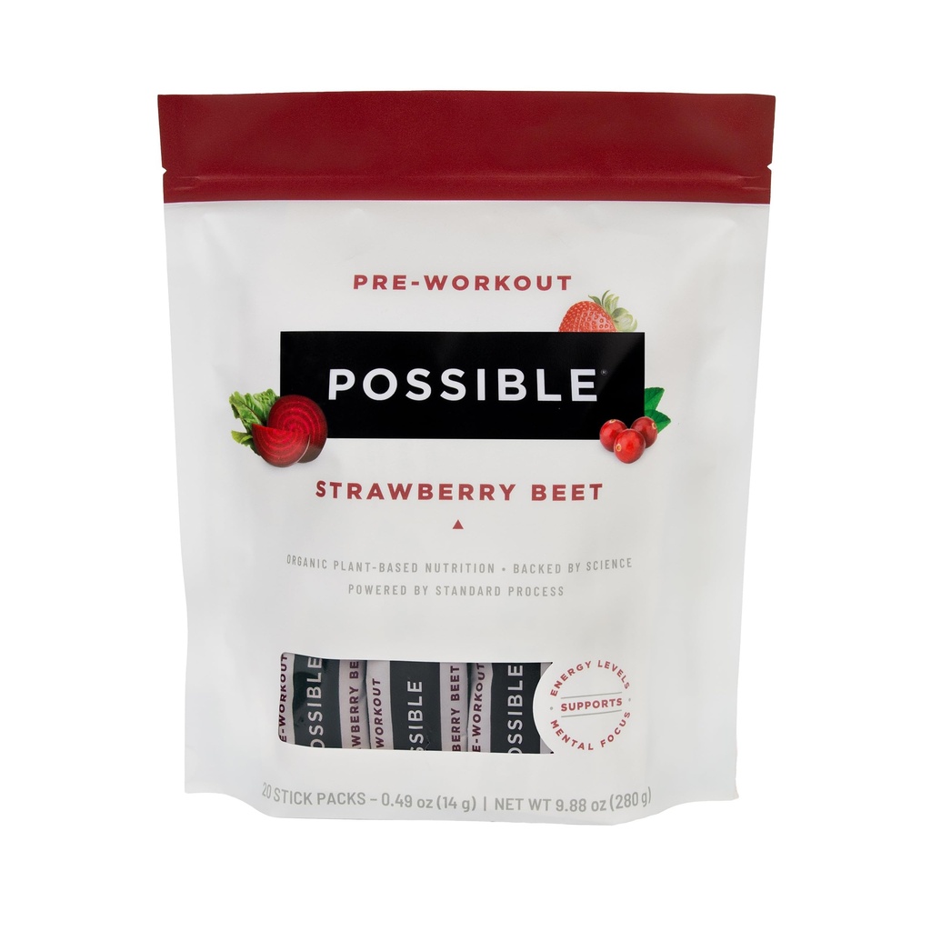 Possible Pre-Workout Powder - Drink Mix Aids Endurance & Focus - Energy Levels & Stamina Support with Green Tea Extract & Vitamin C - Non-Dairy & Organic - Strawberry Beet, 20 Count (Pack of 1)