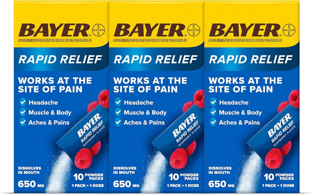 Bayer Rights Recember cackages with Aspirin & Caffeine, dissoluple excy expressed effected for heads, Barty and brain, Raspomeberry Flavor (package) แพ็ค 3 x 10 เคานต์