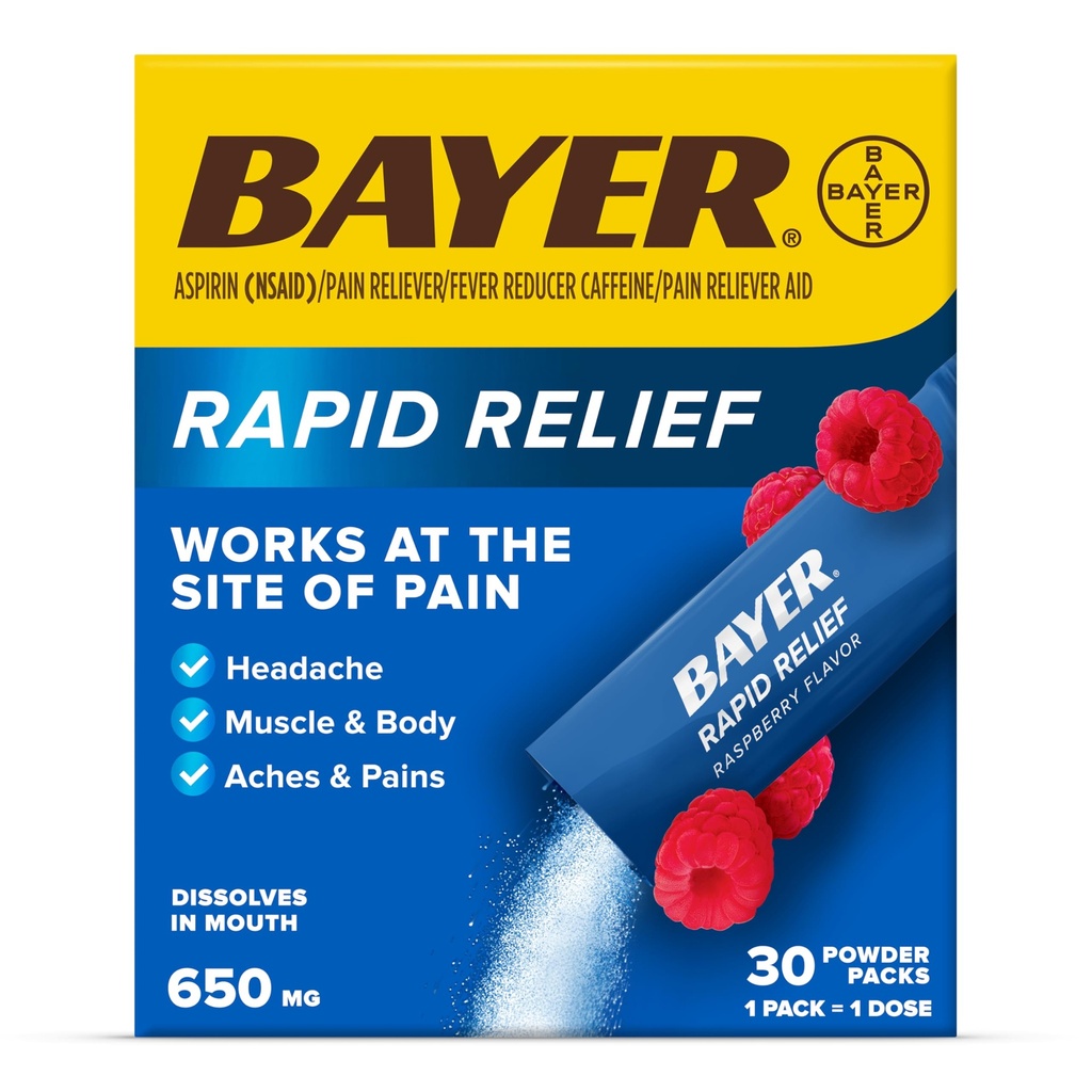 Bayer® Rapid Relief, Dissolvable Raspberry Flavor, Powder Packs with Aspirin & Caffeine, Fast Acting Headache Relief, Muscle and Body Pain Reliever, 30ct