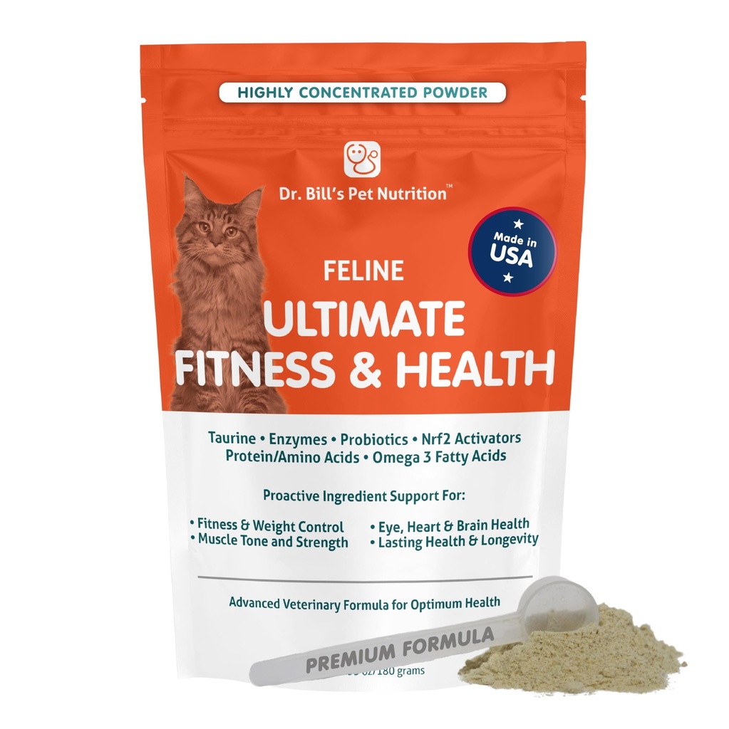 Dr. Bill’s Feline Ultimate Fitness & Health | Cat Multivitamin Powder - Daily Supplement | Weight Control, Joint, Brain, Heart & Immune Support | Omega 3s, Collagen, B Vitamins, Taurine, Amino Acids