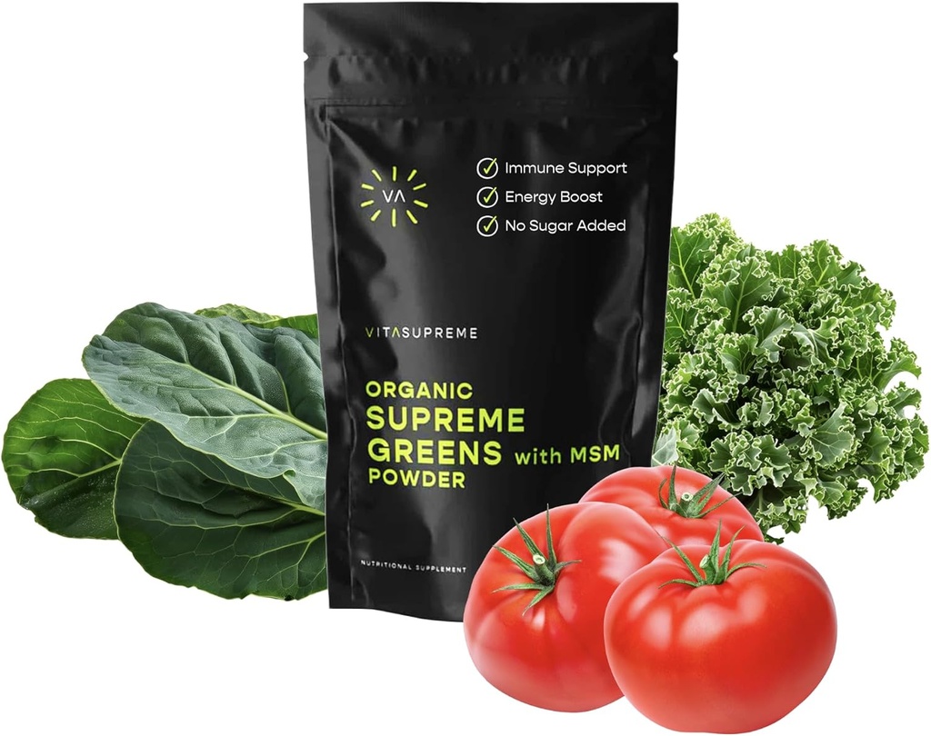 Organic Superfood Greens Powder with MSM, for Gut Health, Digestion, Immune Support, Energy, and More (Sugar Free, Non-GMO, Keto, Vegan), 60 Servings, 30 Day Supply