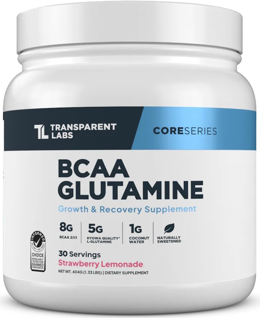 透明实验室 BCAA Glutamine - 8 000毫克BCAA粉末,含L Glutamine,用于工作后恢复、肌肉生长和增强耐力 - 30种服务,草莓柠檬汁