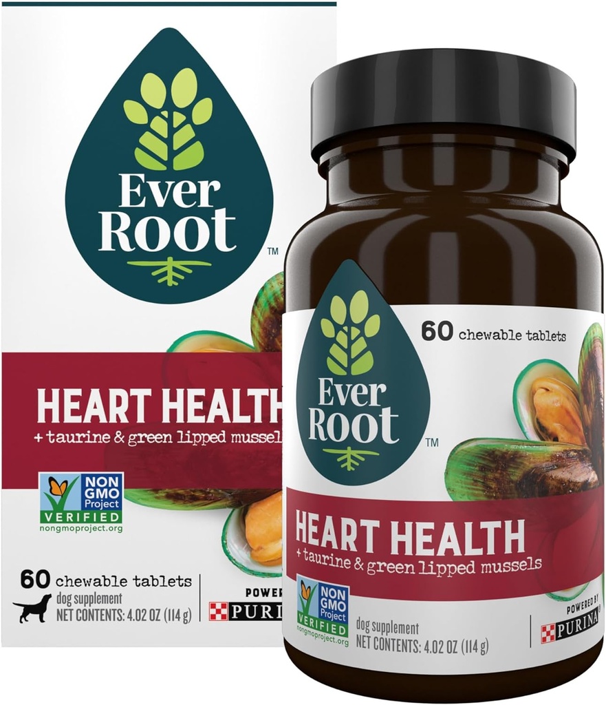 Suppléments de coeur de chien EverRoot Santé cardiaque Comprimés à croquer avec des moules taurines et vertes - 4,02 oz. Boîte