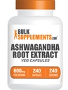BulkSupplements.com Ashwagandha Extract Capsules - Ashwagandha Extract, Herbal Supplement - Vegan & Gluten Free, 1 Capsule per Serving, 240 Count (Pack of 1)