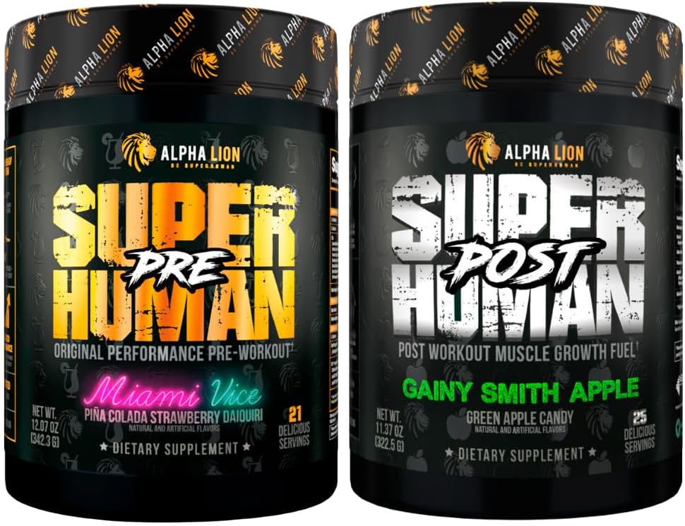 ALPHA LION Superhuman Pre Workout pulver & post treningsgjenoppretting Bundle (Miami Vice & Gainy Smith Apple)