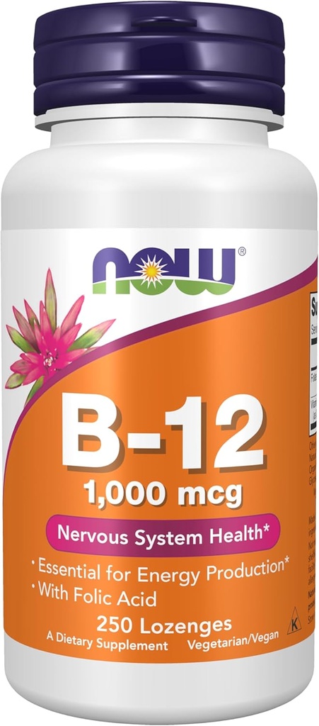 Now Foods Supplements, Vitamina B-12 1.000 mcg com Ácido Fólico, Saúde do Sistema Nervoso*, 250 Lozenges Mastigáveis