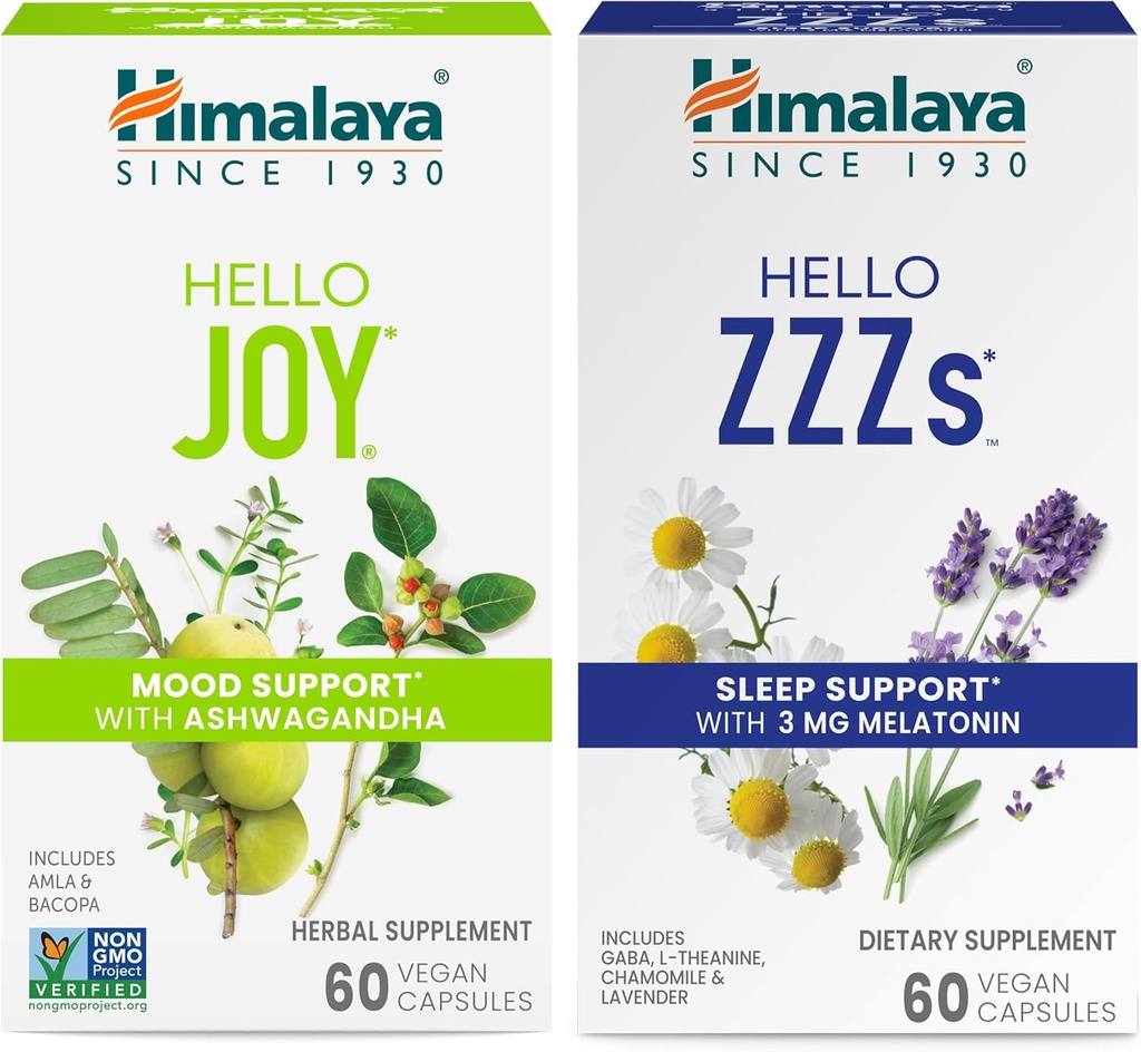 Himalaya Hello Joy z Ashwagandha dla poprawy nastroju i duchów & Hello ZZZ z Melatonin dla wsparcia snu, 60 Kapsułki Każdy - Bundle